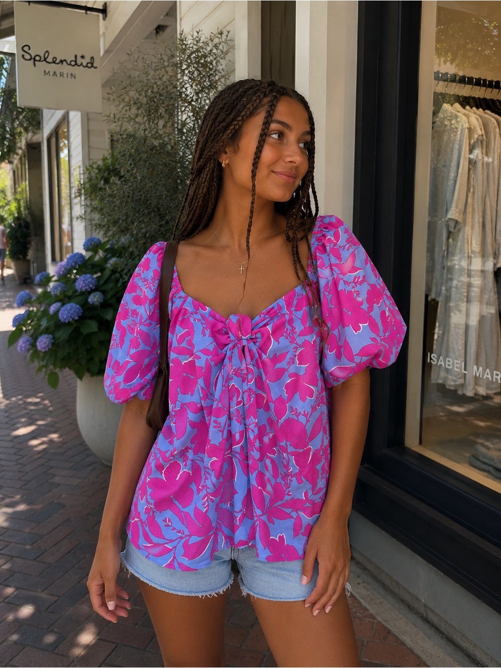 Women's Magenta & Lavender Floral Tie-Front Puff Sleeve Top